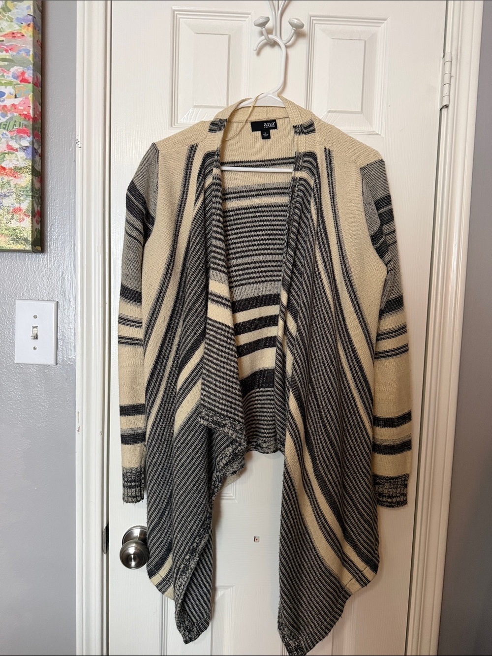 a.n.a Cream and Black Striped Draped Open-Front Cardigan